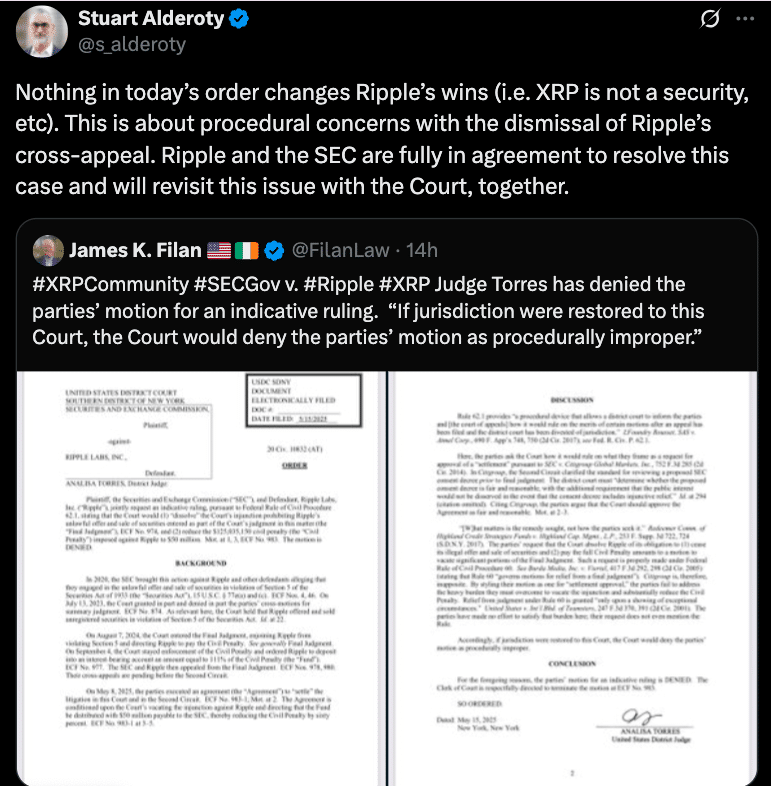Ripple Reaffirms⁤ XRP Legal Clarity Despite Court ⁢Rejection of SEC⁢ Deal